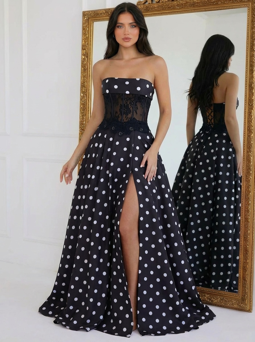 Chiffon Strapless A Line Prom Dresses with Slit