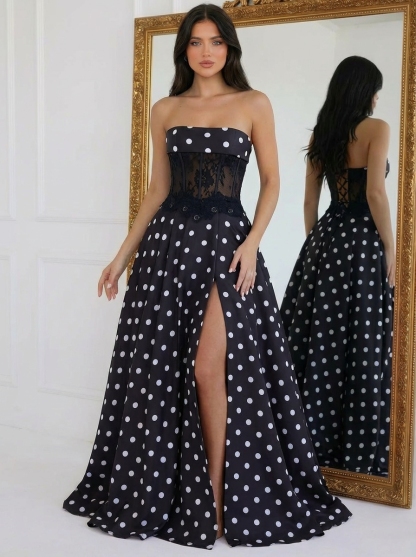 Chiffon Strapless A Line Prom Dresses with Slit