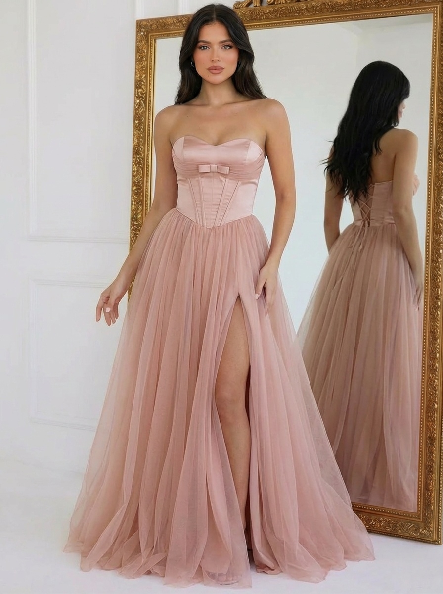 Chiffon Strapless A Line Prom Dresses with Slit