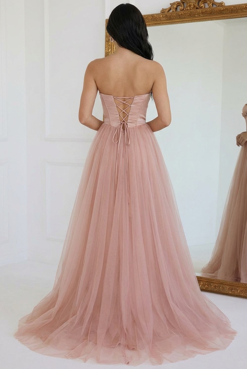Chiffon Strapless A Line Prom Dresses with Slit