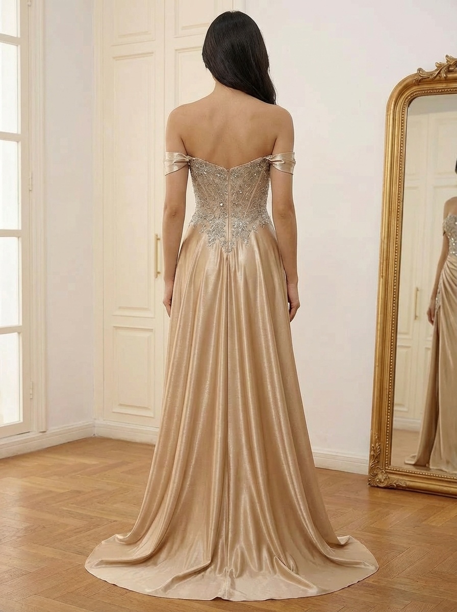 Satin Off Shoulder A Line Prom Dresses with Slit