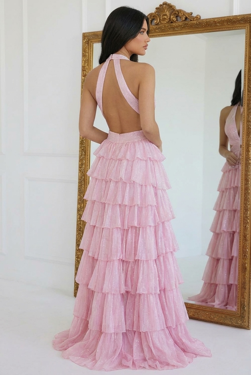 Shimmering Halter A Line Prom Dresses with Slit