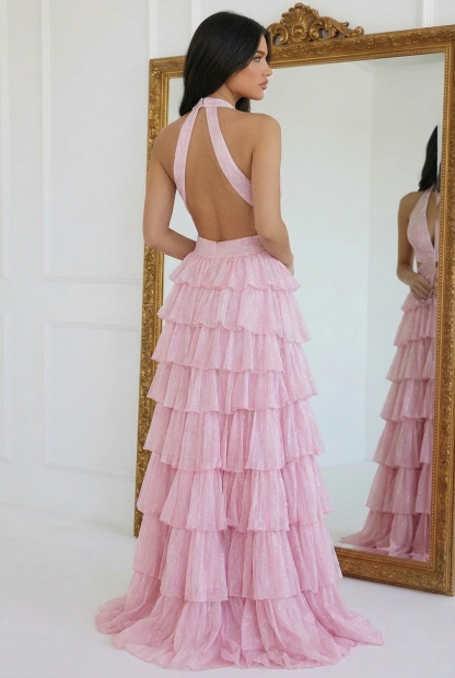 Shimmering Halter A Line Prom Dresses with Slit