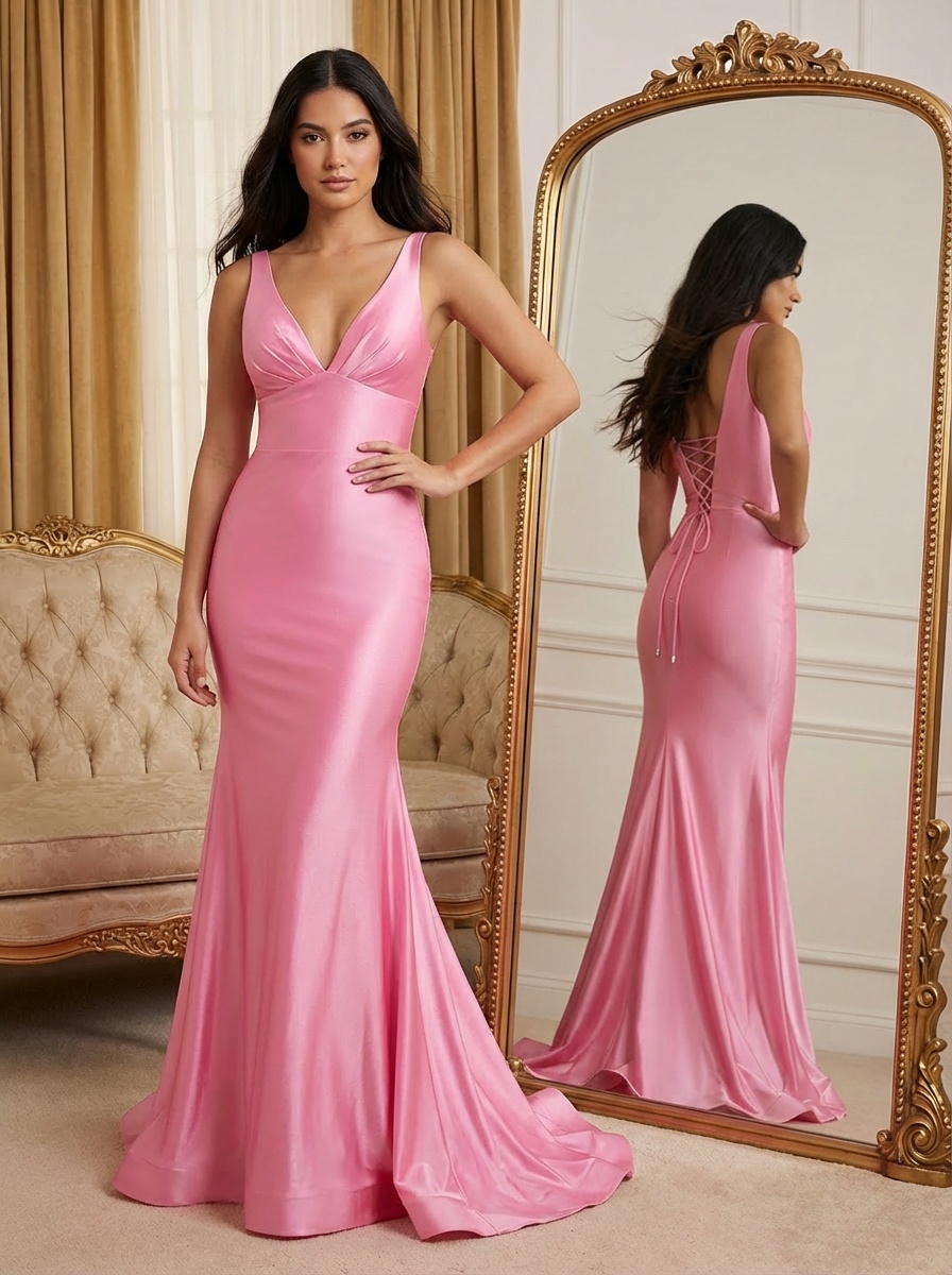 Satin Deep V Neck Mermaid Prom Dresses