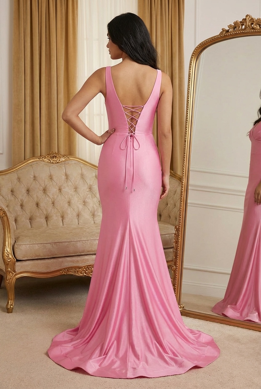 Satin Deep V Neck Mermaid Prom Dresses