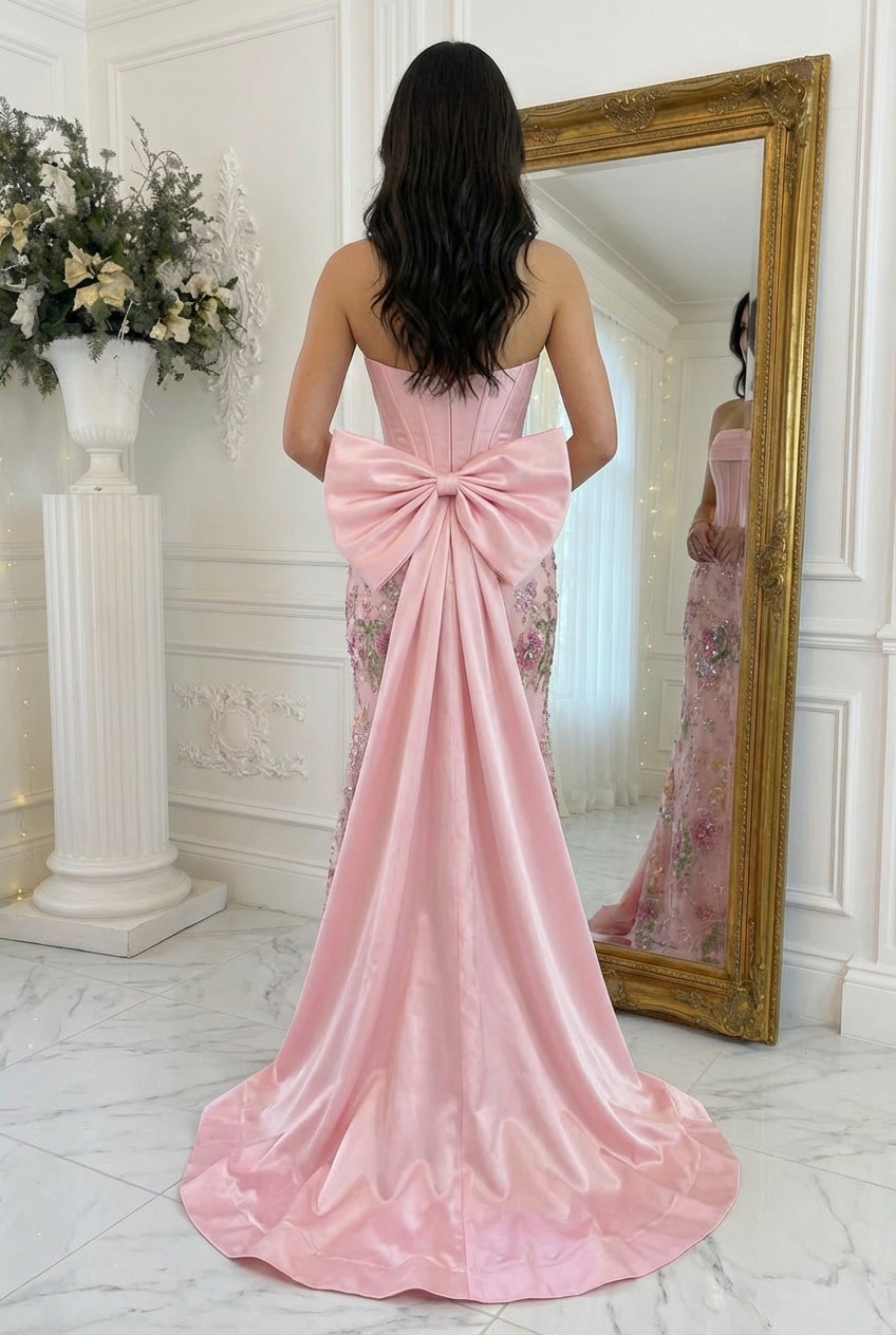 Satin Jacquard Strapless Mermaid Prom Dresses with Bow