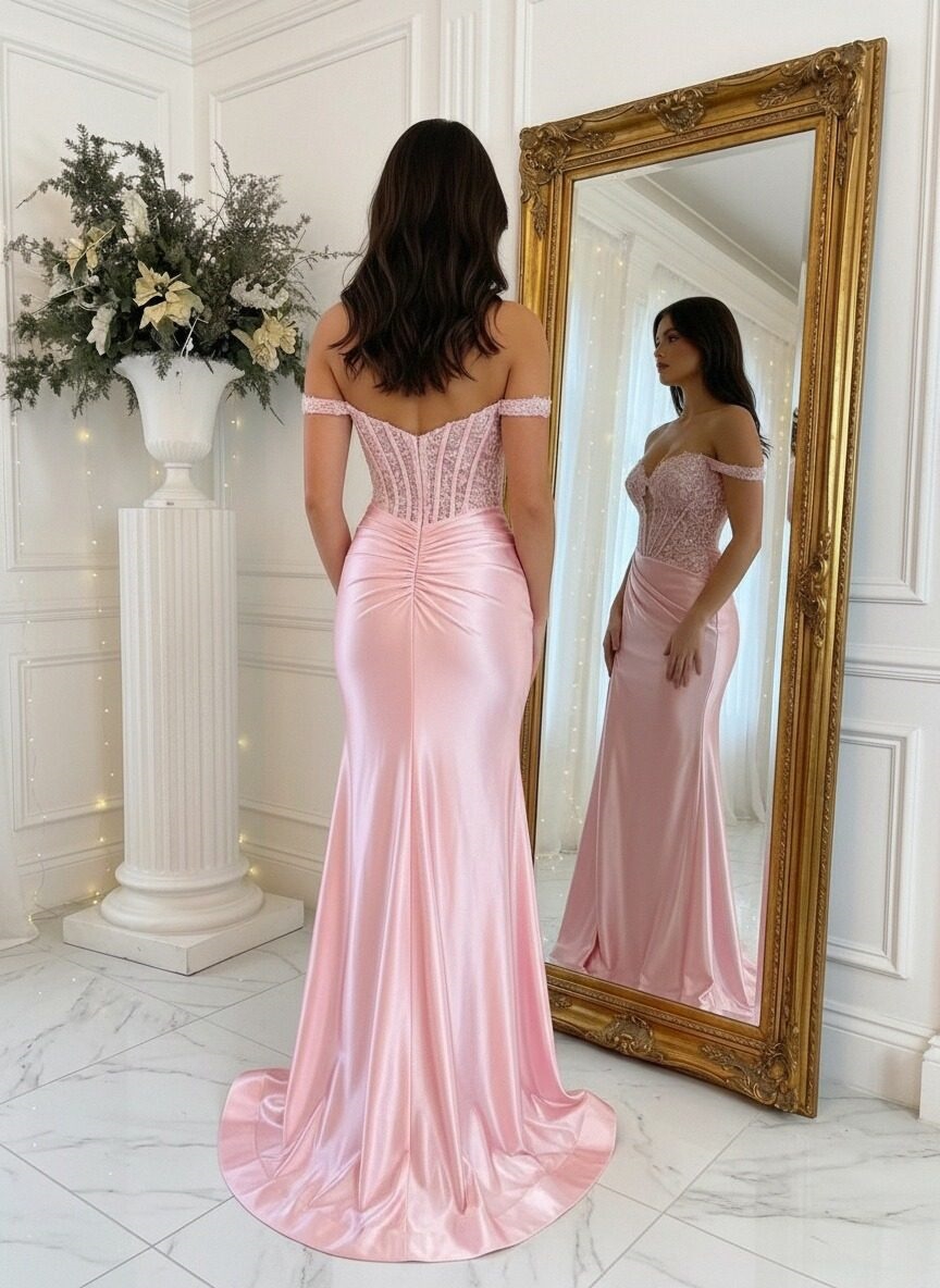 Satin Off Shoulder Mermaid Prom Dresses with Slit