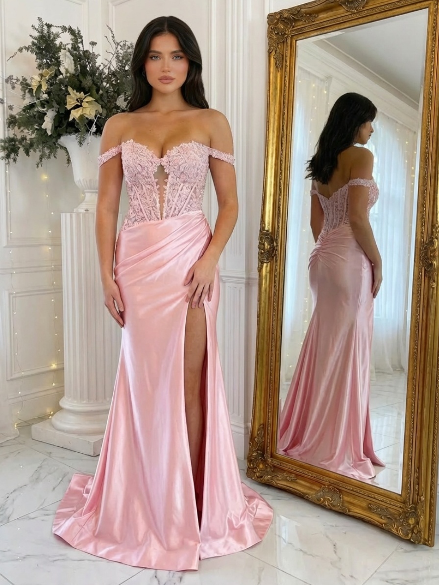 Satin Off Shoulder Mermaid Prom Dresses with Slit