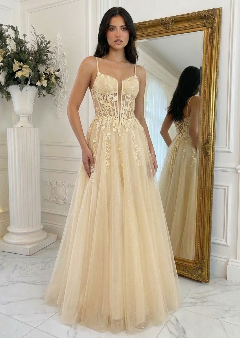 Tulle Spaghetti Straps A Line Prom Dresses