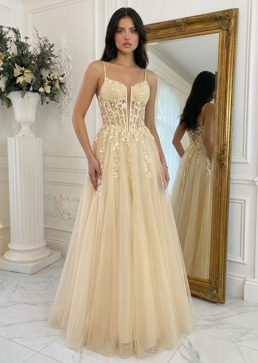 Tulle Spaghetti Straps A Line Prom Dresses