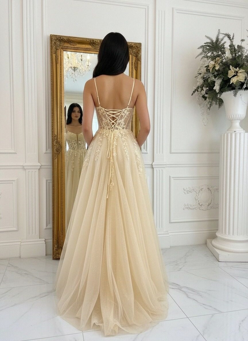 Tulle Spaghetti Straps A Line Prom Dresses