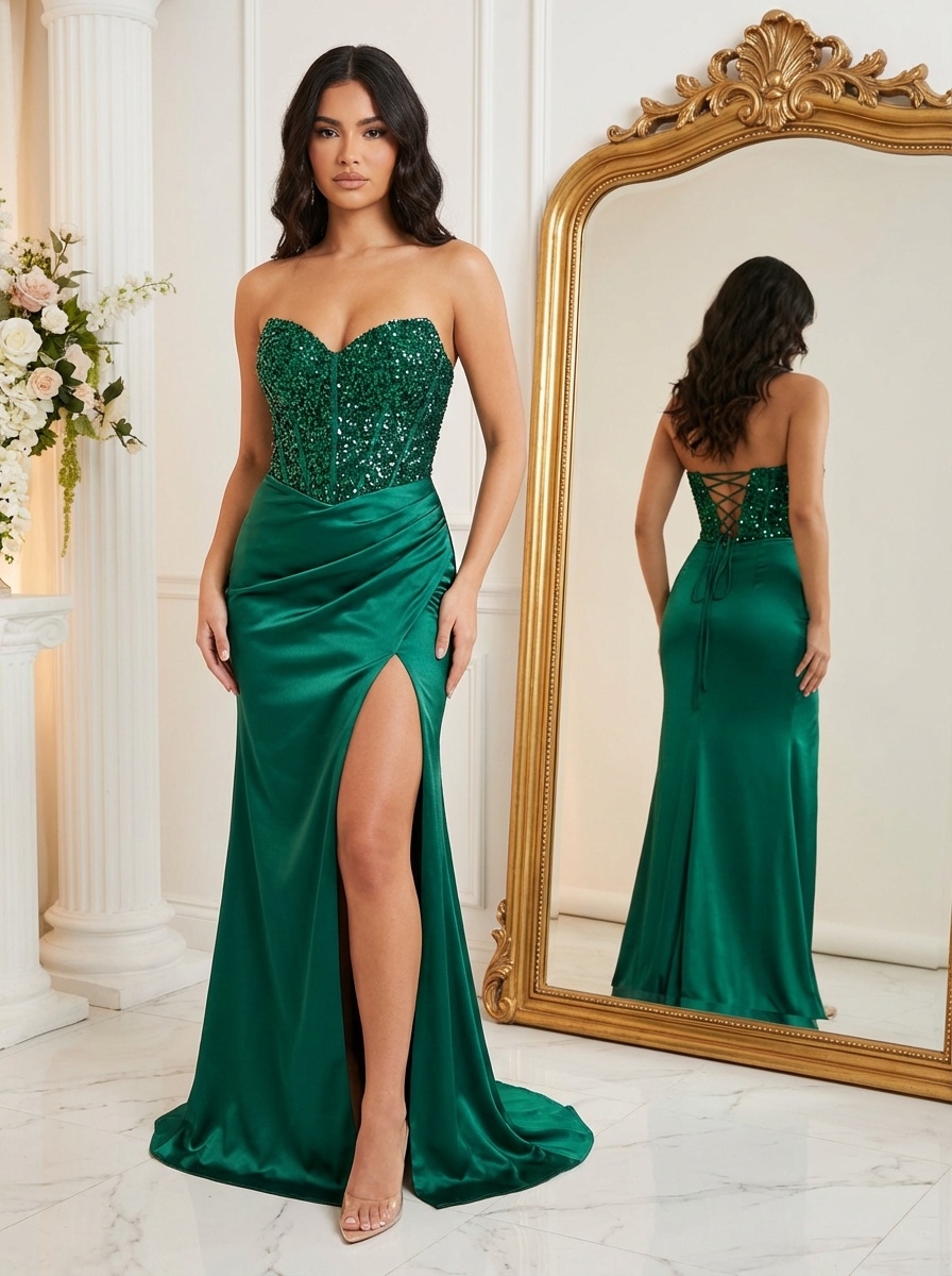 Sequin Satin Strapless Mermaid Prom Dresses with Slit