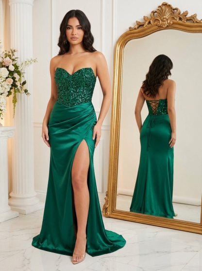 Sequin Satin Strapless Mermaid Prom Dresses with Slit