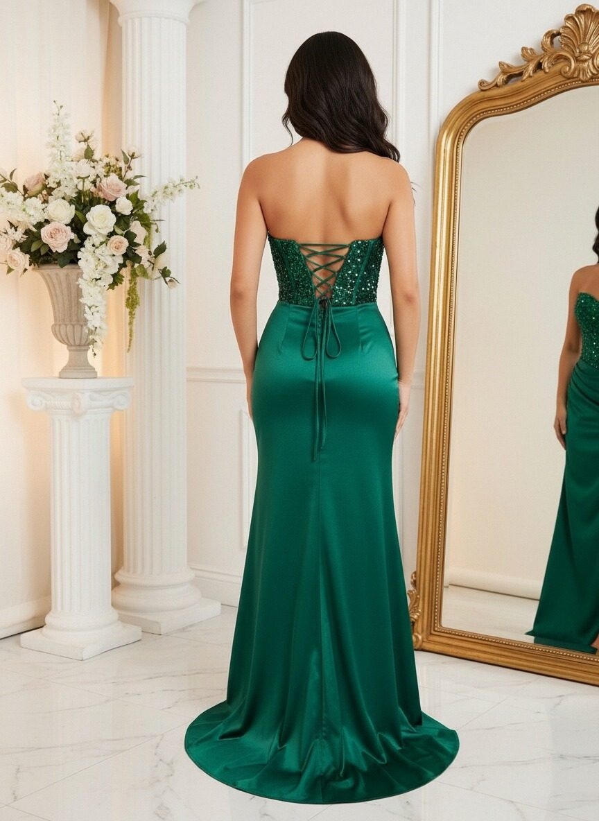 Sequin Satin Strapless Mermaid Prom Dresses with Slit