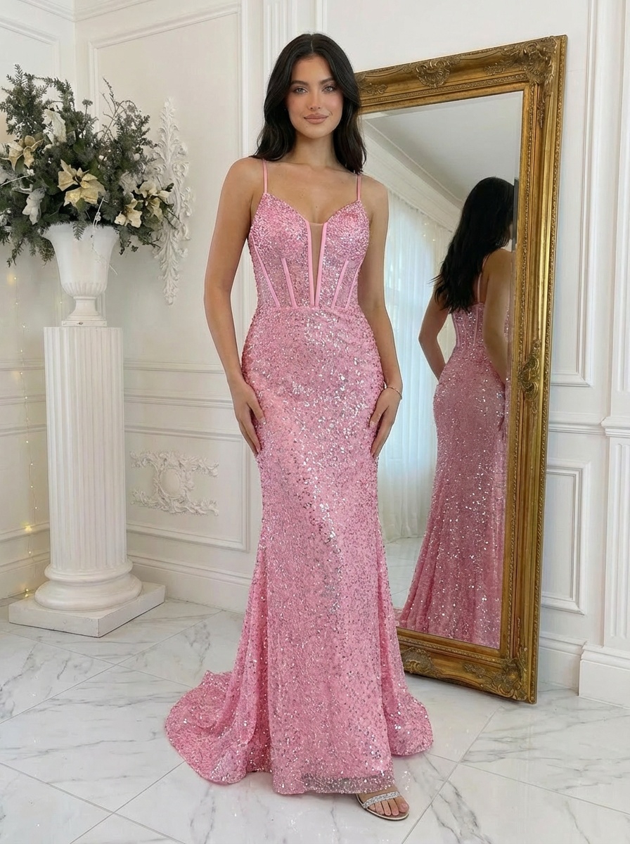 Sequin Spaghetti Straps Mermaid Prom Dresses