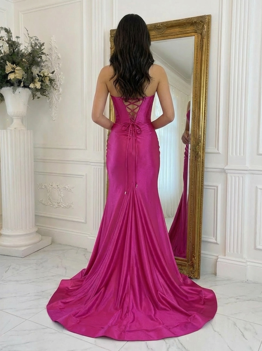 Satin Strapless Mermaid Prom Dresses with Slit