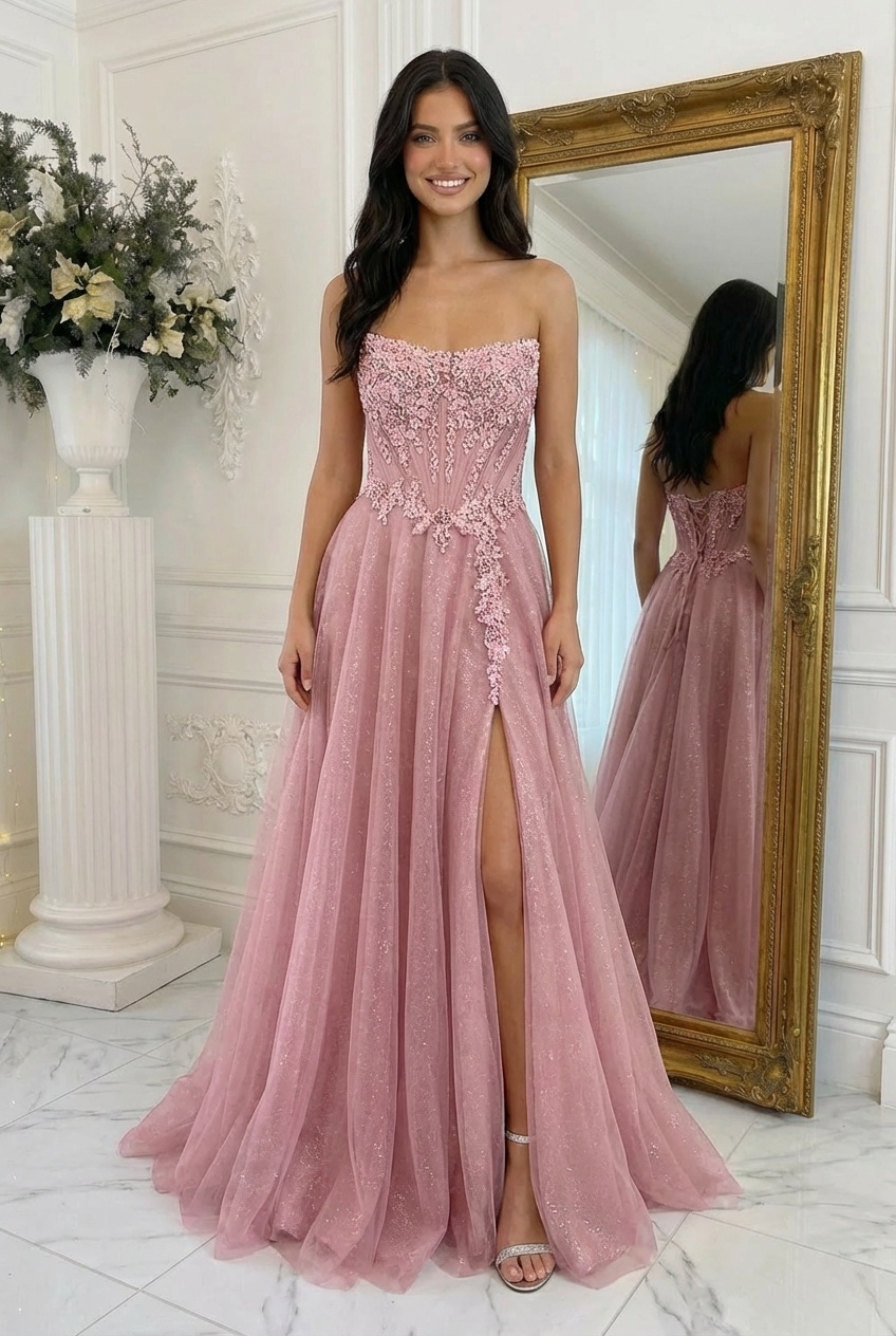 Tulle Strapless A Line Prom Dresses with Slit