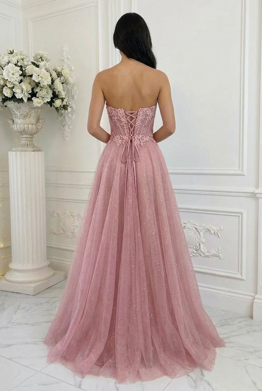 Tulle Strapless A Line Prom Dresses with Slit