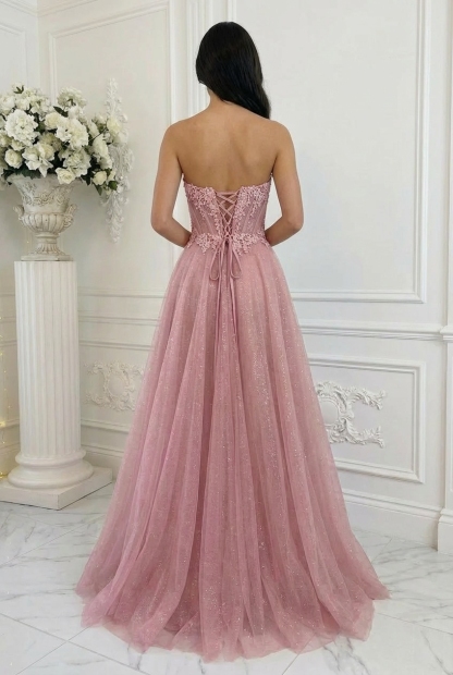 Tulle Strapless A Line Prom Dresses with Slit