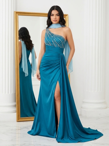 Satin Off Shoulder Mermaid Prom Dresses with Slit