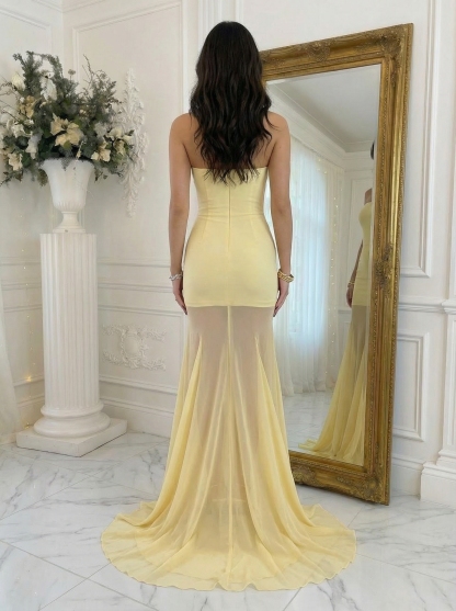 Stretch Mesh Strapless A Line Prom Dresses