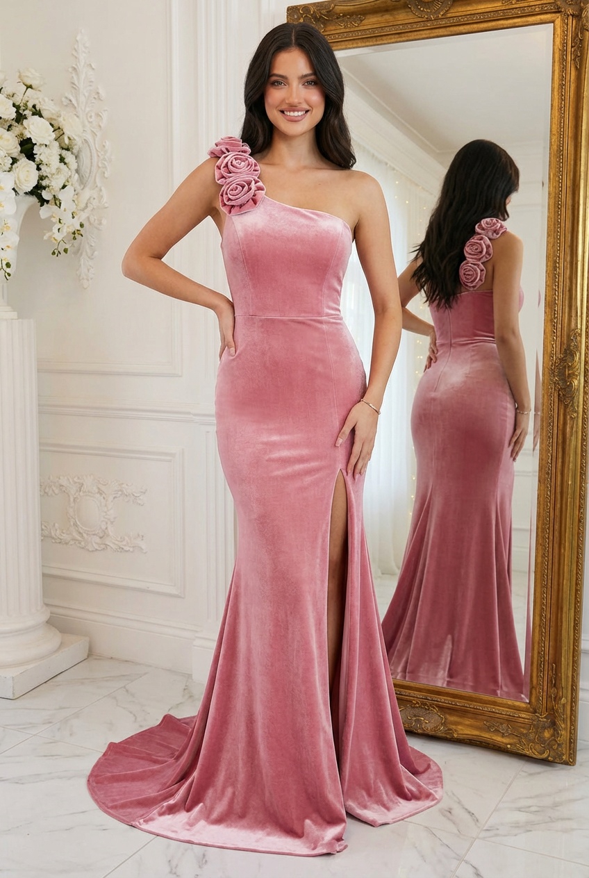 Velvet One Shoulder Mermaid Prom Dresses with Slit