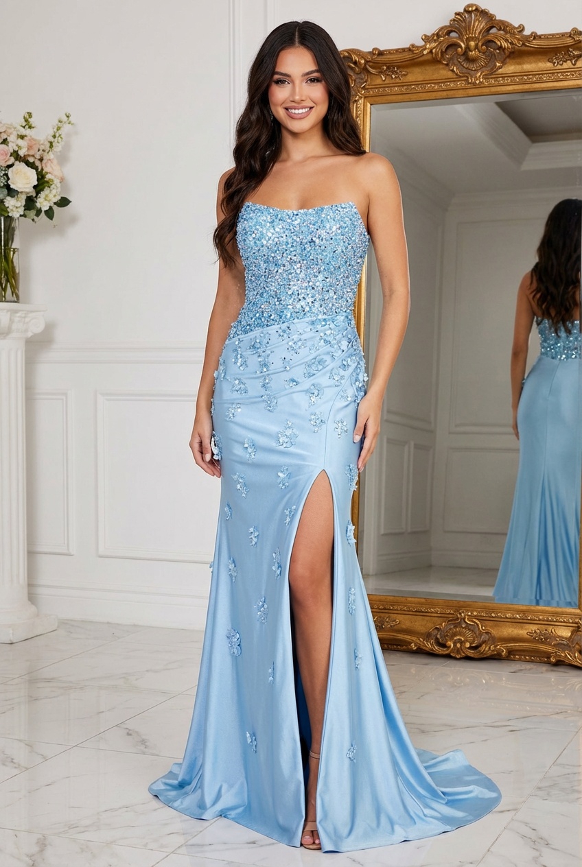 Satin Strapless Mermaid Prom Dresses with Slit