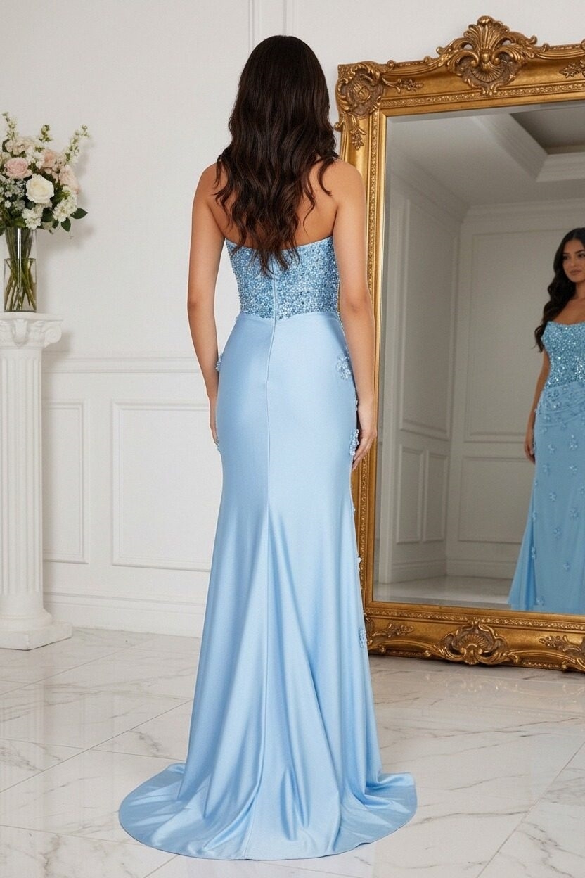 Satin Strapless Mermaid Prom Dresses with Slit