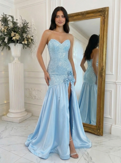 Satin Sequin Strapless Mermaid Prom Dresses with Slit