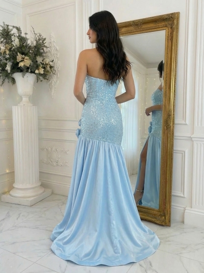 Satin Sequin Strapless Mermaid Prom Dresses with Slit