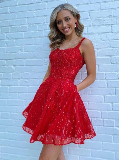 Tulle Spaghetti Straps A Line Homecoming Dresses with Beads