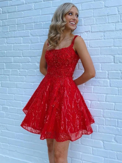 Tulle Spaghetti Straps A Line Homecoming Dresses with Beads