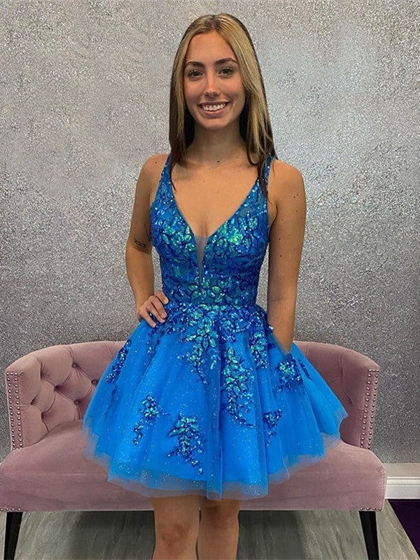 Tulle Embroideried Spaghetti Straps A Line Homecoming Dresses with Applique