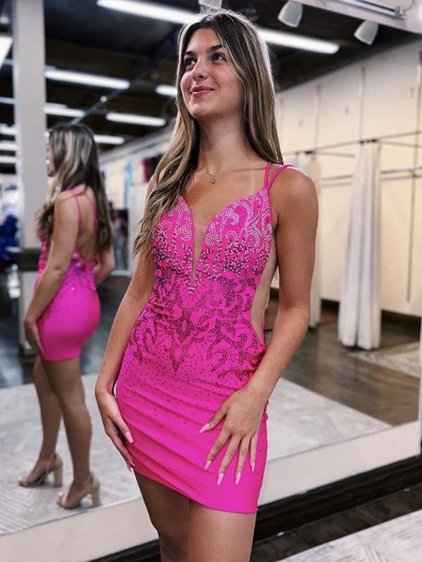 Satin Spaghetti Straps Bodycon Homecoming Dresses with Beads