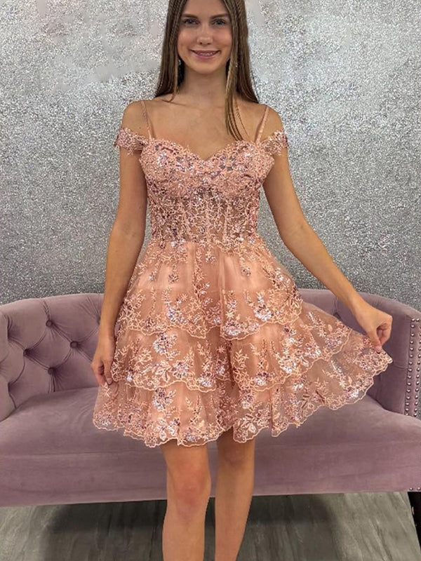 Tulle Embroideried Spaghetti Strap A Line Homecoming Dresses with Applique