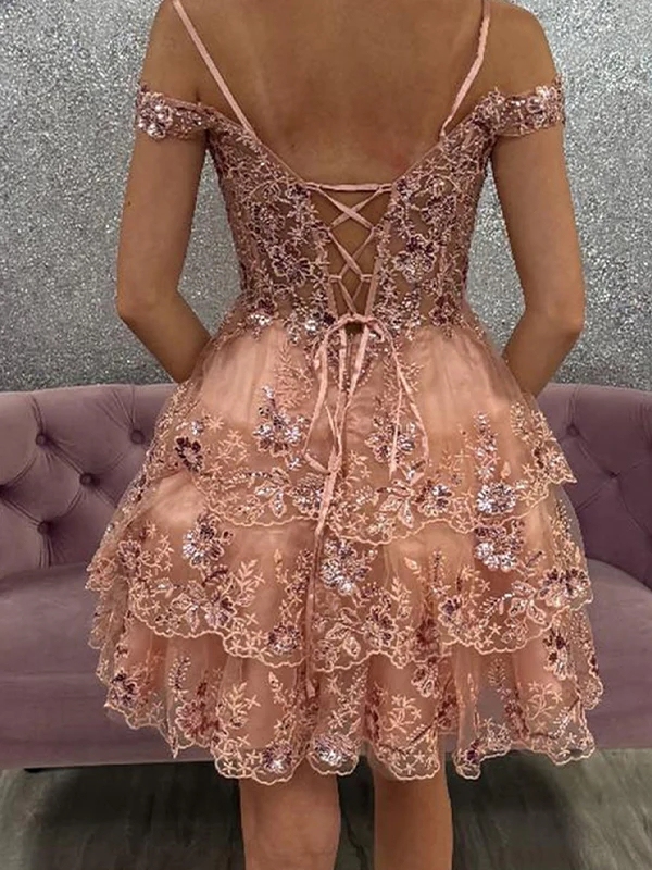 Tulle Embroideried Spaghetti Strap A Line Homecoming Dresses with Applique