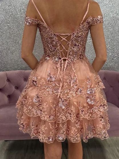 Tulle Embroideried Spaghetti Strap A Line Homecoming Dresses with Applique