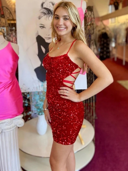 Sequin Spaghetti Strap Bodycon Homecoming Dresses Lace Up