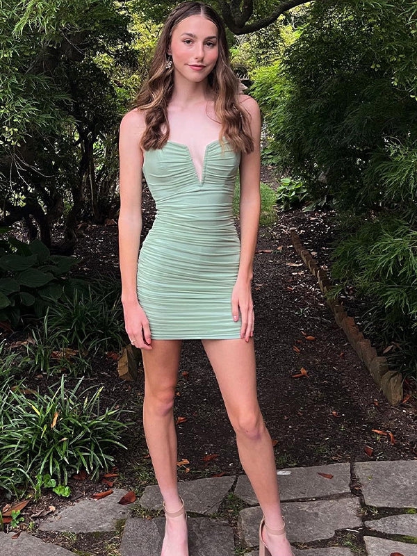 Satin Strapless Bodycon Homecoming Dresses with Pleats