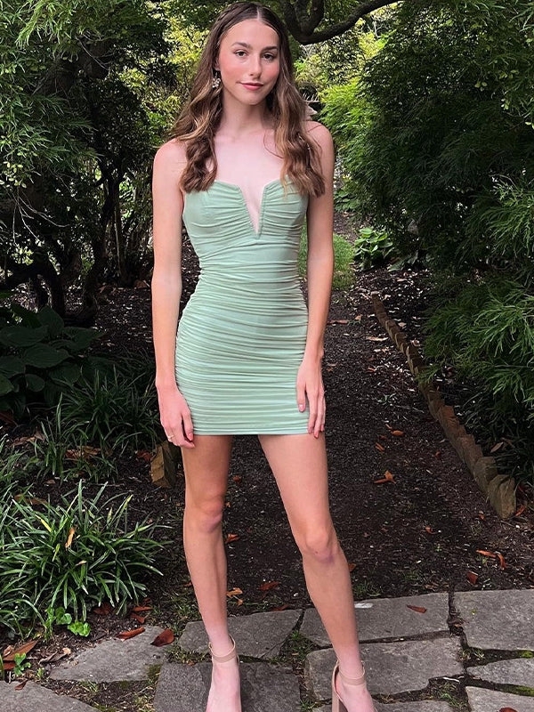 Satin Strapless Bodycon Homecoming Dresses with Pleats