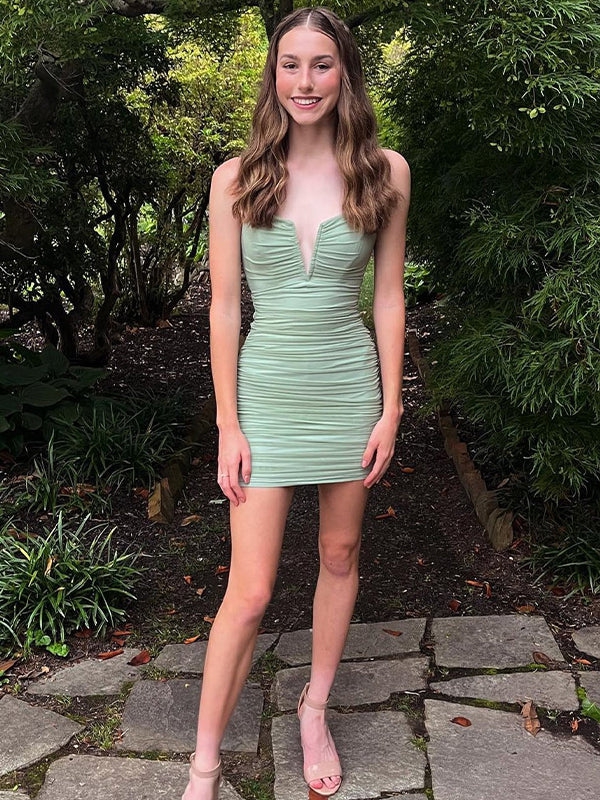 Satin Strapless Bodycon Homecoming Dresses with Pleats