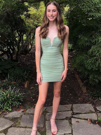 Satin Strapless Bodycon Homecoming Dresses with Pleats