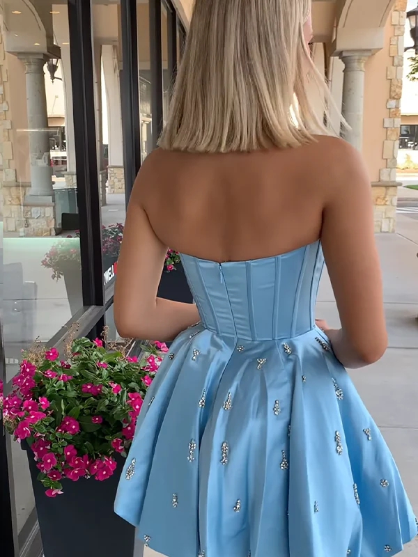 Satin Strapless A Line Homecoming Dresses with Beads