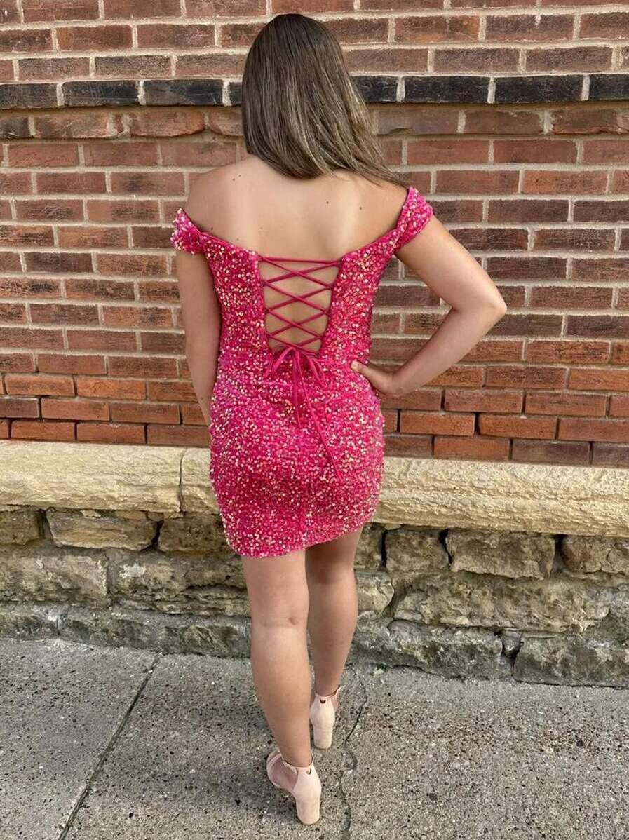 Sequin Off Shoulder Bodycon Homecoming Dresses with Beads