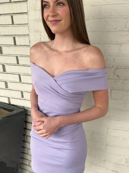 Satin Off Shoulder Bodycon Homecoming Dresses with Pleats