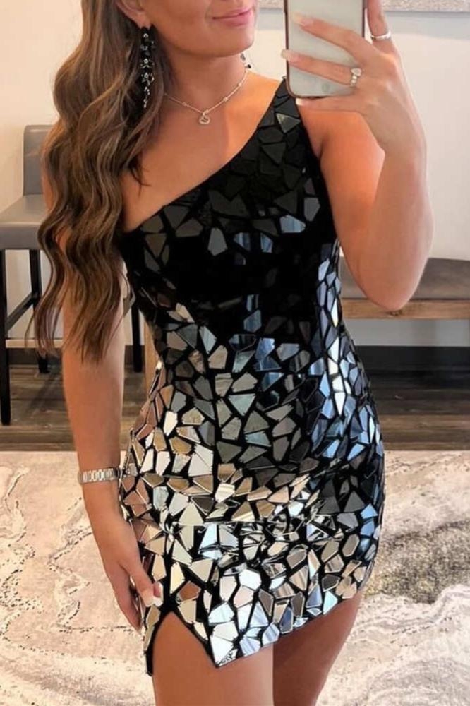 Sequin One Shoulder Bodycon Homecoming Dresses with Slit