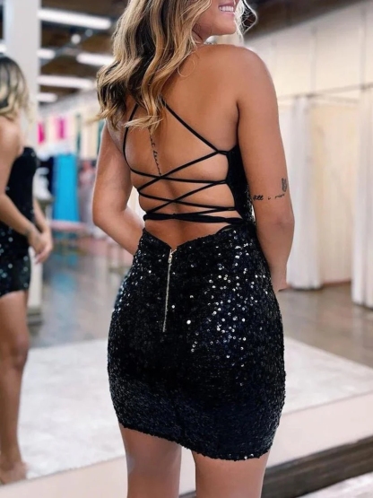 Sequin Spaghetti Strap Bodycon Homecoming Dresses