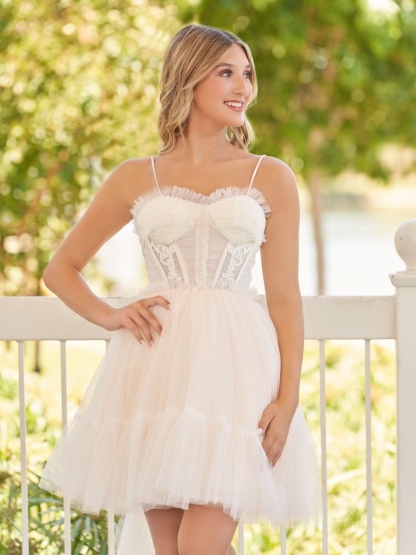 Tulle Spaghetti Strap A Line Homecoming Dresses with Applique
