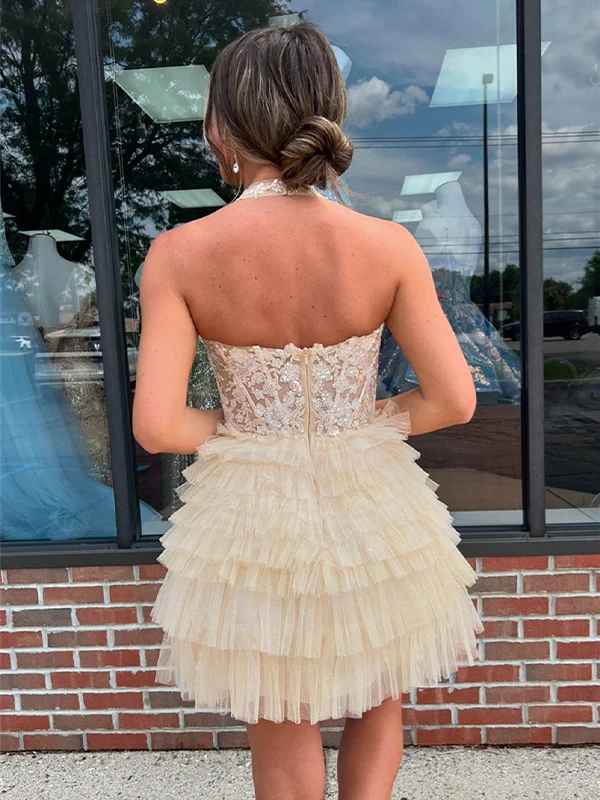 Tulle V Neck A Line Homecoming Dresses with Applique
