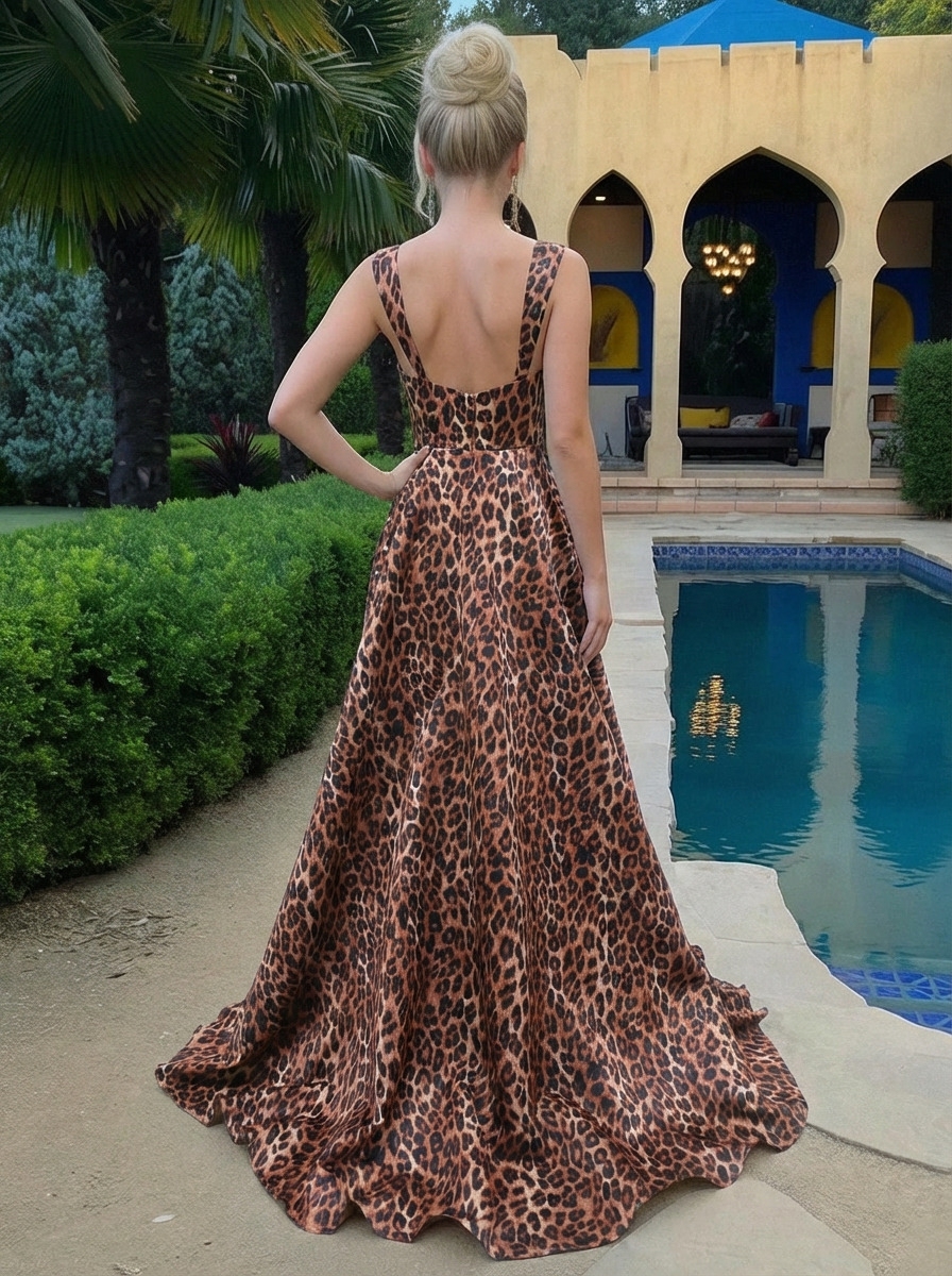 Satin Scope Neck A Line Prom Dresses Leopard Print